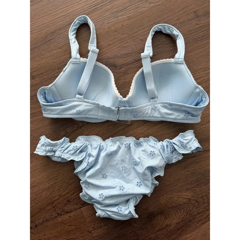 Victoria's Secret PINK x Frankies Bikinis Blue Eyelet Ruffle Bikini Set M Beach